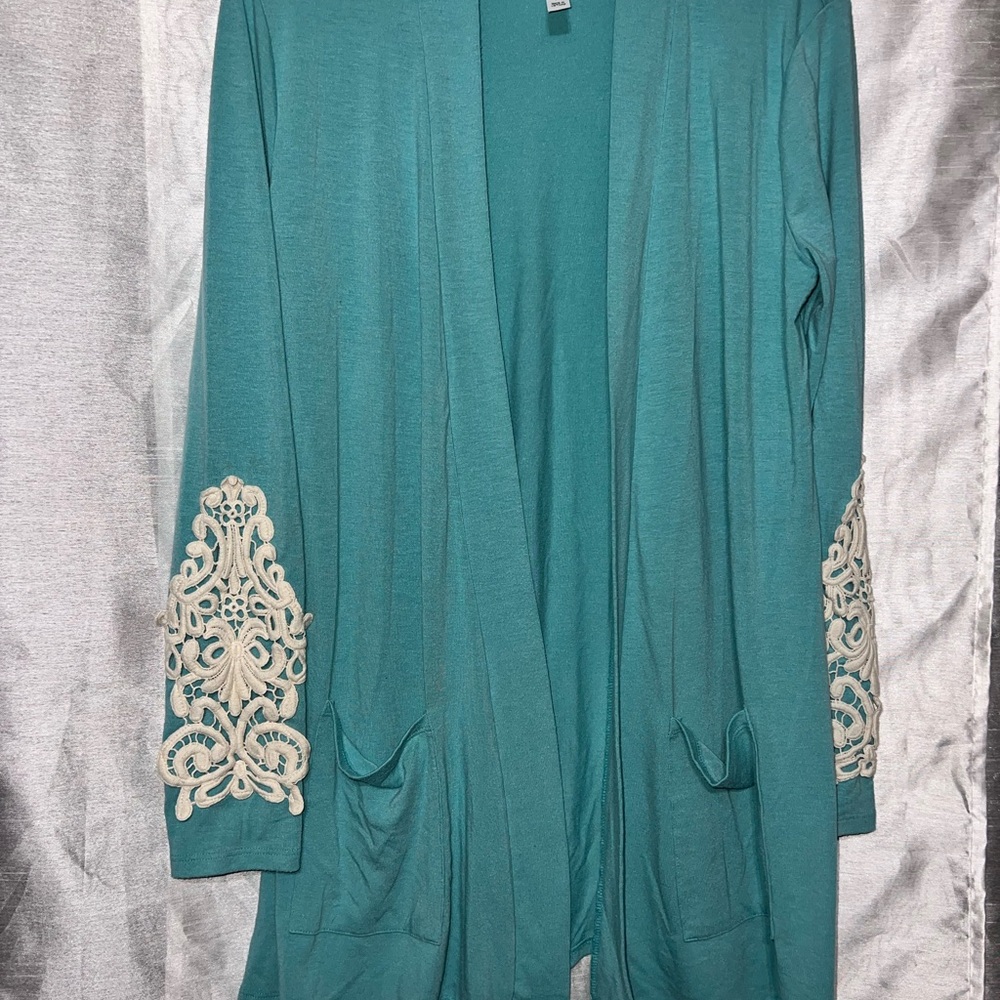 Zenana Outfitters Teal Cardigan with Cream Lace